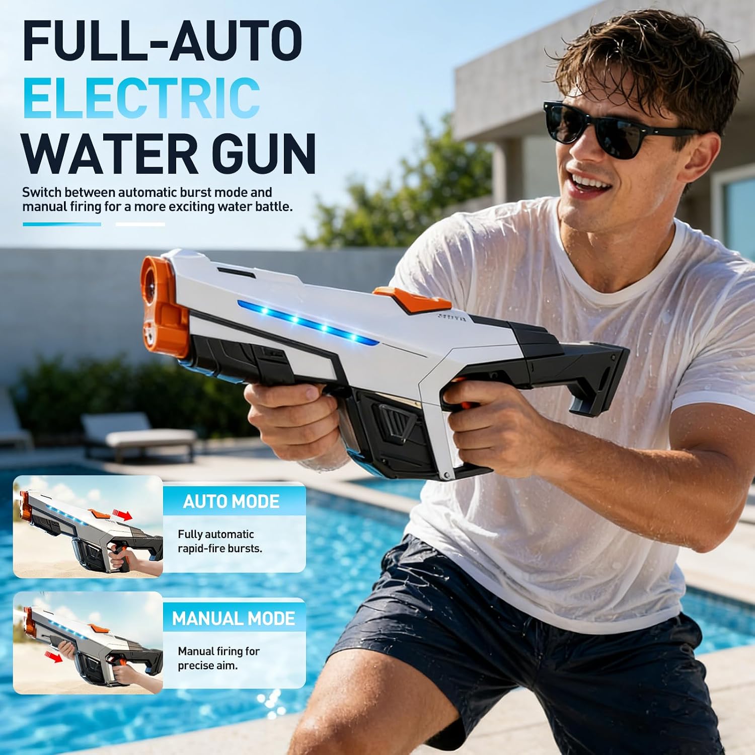 Electric Water Gun 610ml with Light USB Rechargeable 8-10m Range