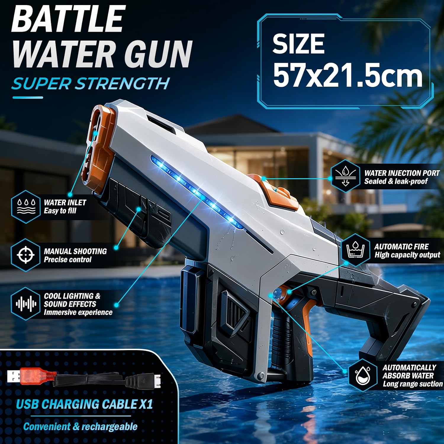 Electric Water Gun 610ml with Light USB Rechargeable 8-10m Range