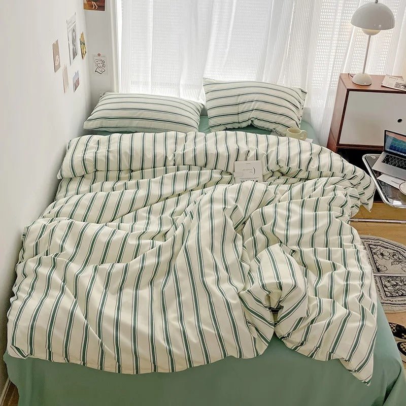 Bedding Set Polyester Striped Duvet Cover Bed Sheet Pillowcases