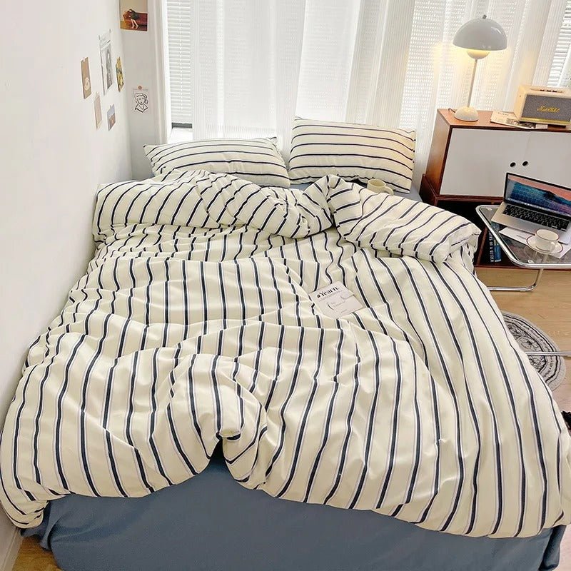 Bedding Set Polyester Striped Duvet Cover Bed Sheet Pillowcases