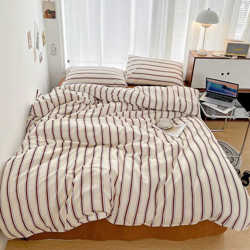 Bedding Set Polyester Striped Duvet Cover Bed Sheet Pillowcases