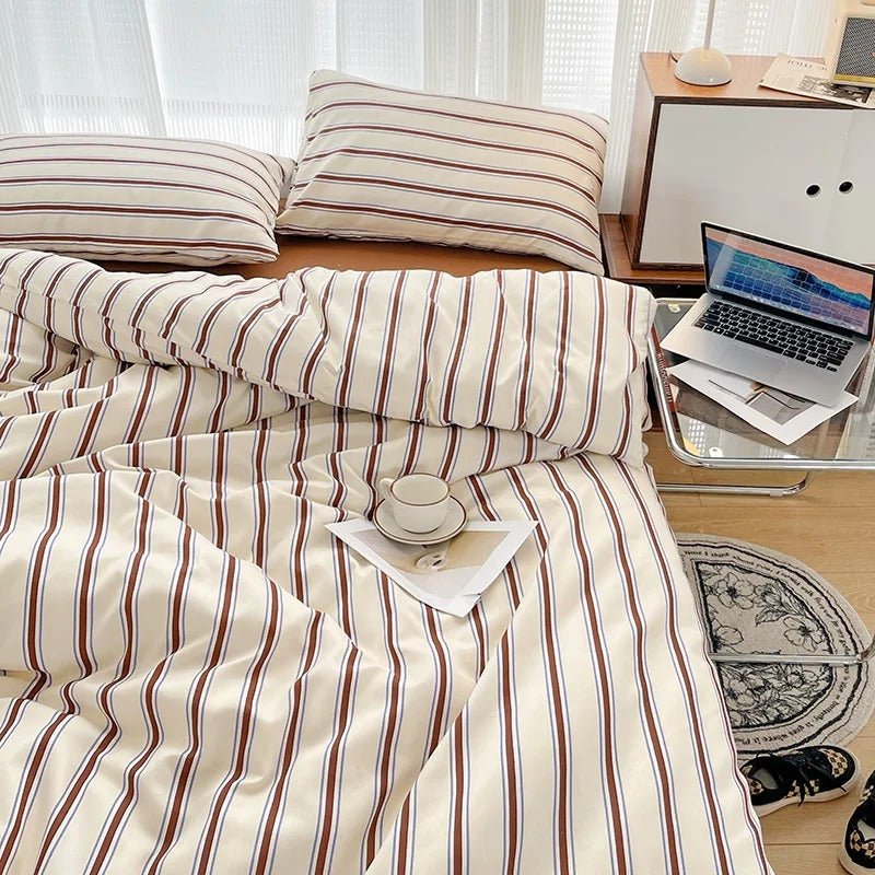 Bedding Set Polyester Striped Duvet Cover Bed Sheet Pillowcases