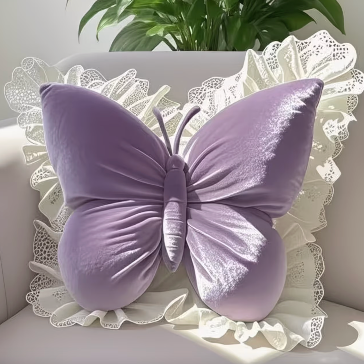 Decorative Pillow Butterfly Shape Fabric Lace Detail Indoor Use