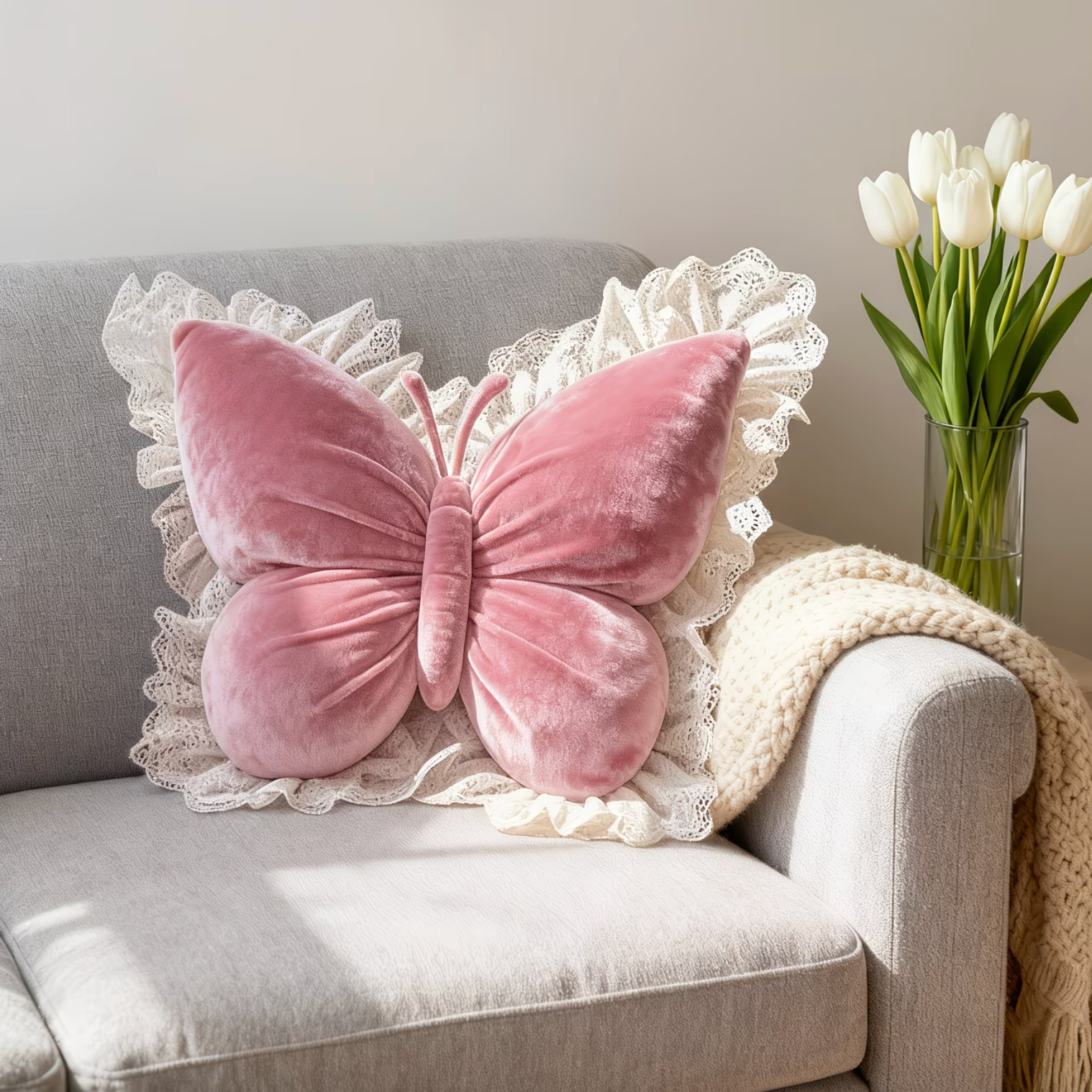 Decorative Pillow Butterfly Shape Fabric Lace Detail Indoor Use