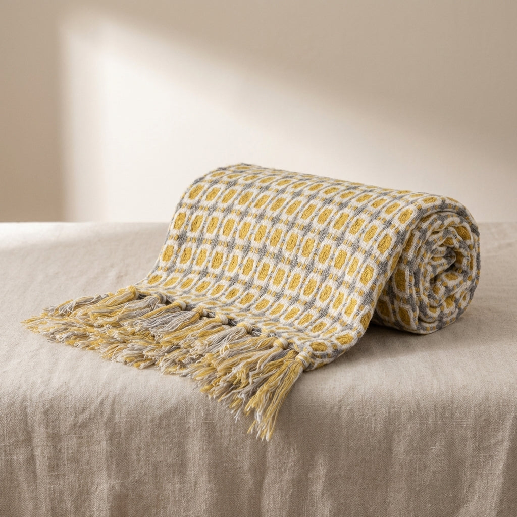 Throw Blanket Acrylic Fiber Knit, Geometric Pattern, Tassel Fringe