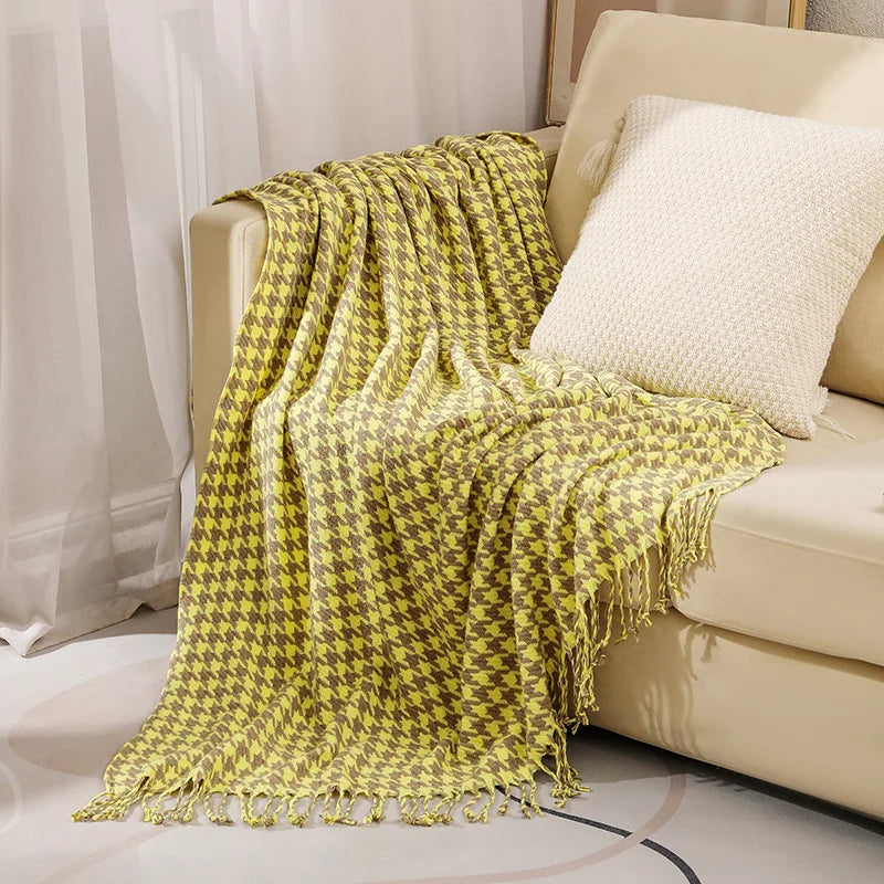 Throw Blanket Acrylic Fiber Knit, Geometric Pattern, Tassel Fringe