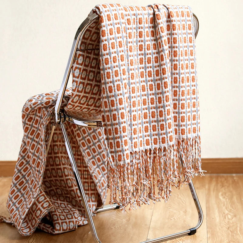 Throw Blanket Acrylic Fiber Knit, Geometric Pattern, Tassel Fringe