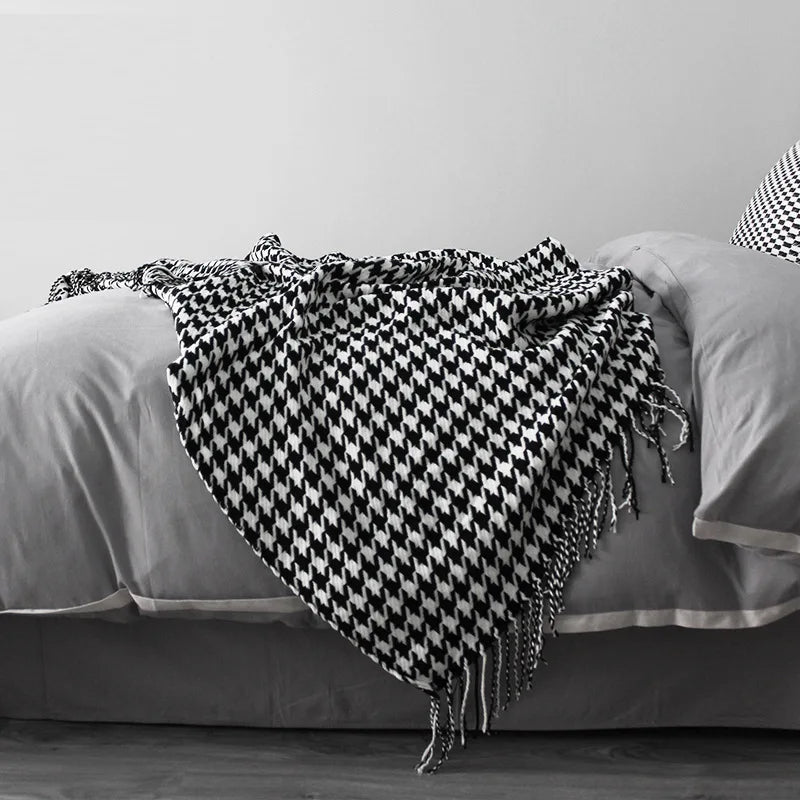 Throw Blanket Acrylic Fiber Knit, Geometric Pattern, Tassel Fringe