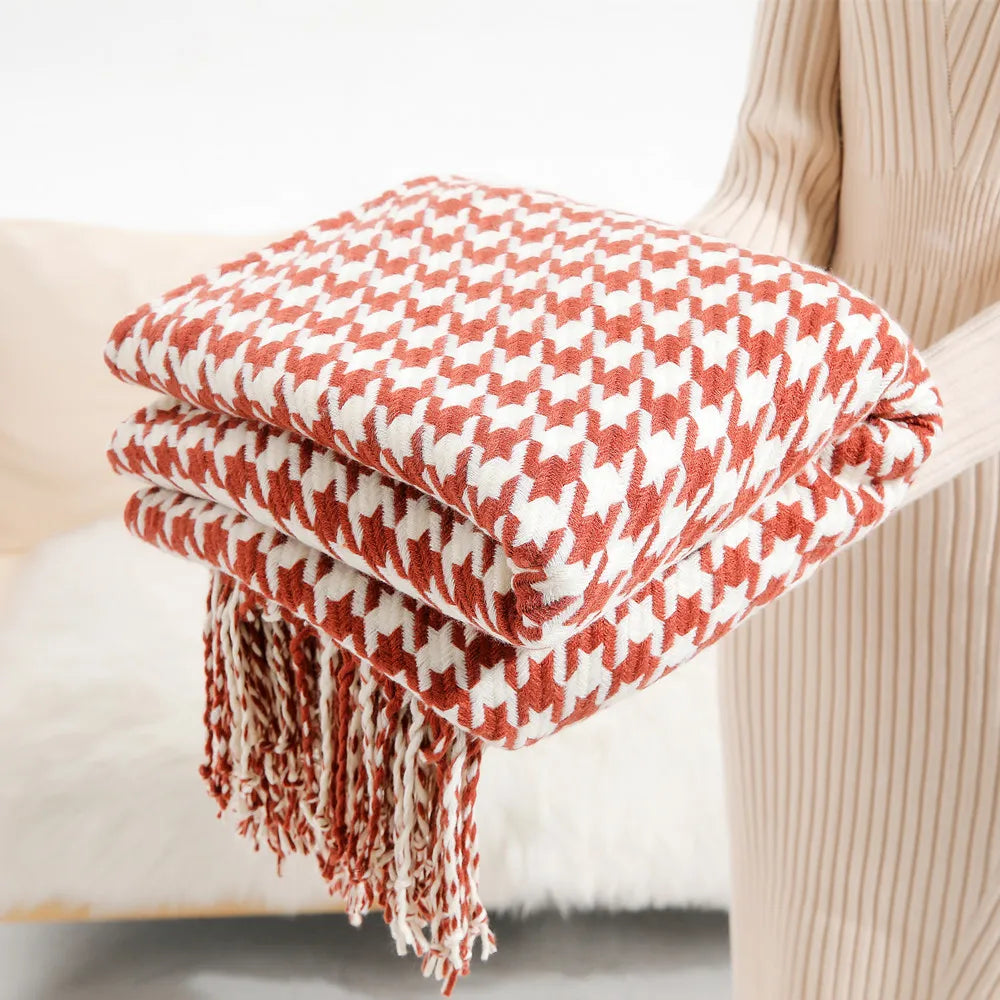 Throw Blanket Acrylic Fiber Knit, Geometric Pattern, Tassel Fringe