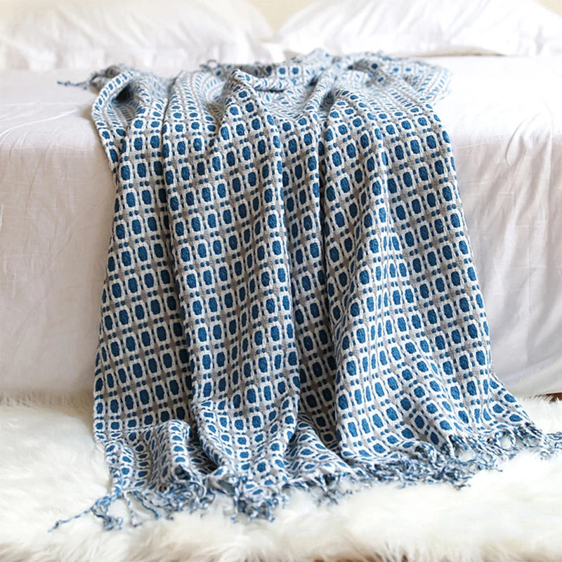 Throw Blanket Acrylic Fiber Knit, Geometric Pattern, Tassel Fringe