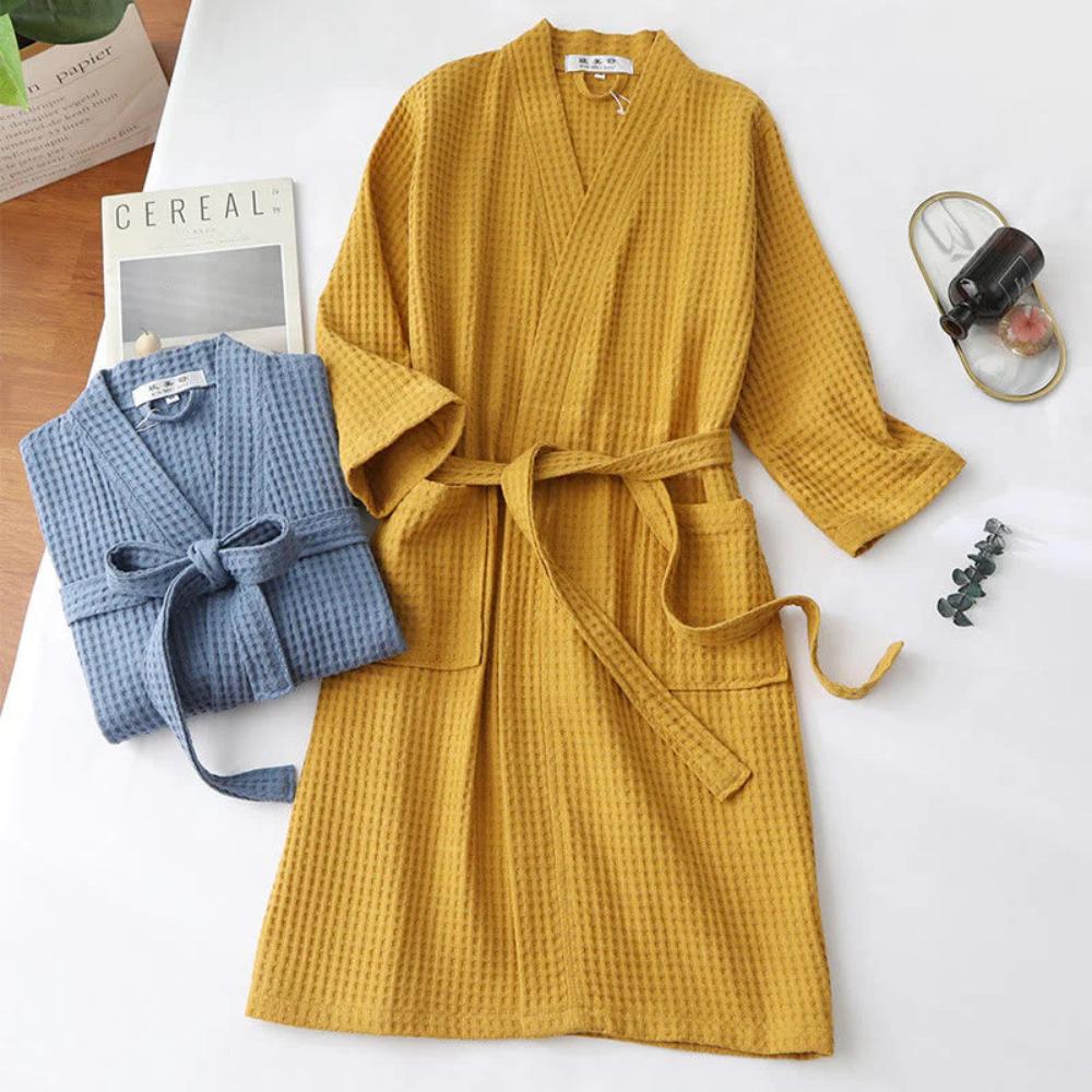Men’s Robe Cotton Waffle Fabric Adjustable Tie Belt