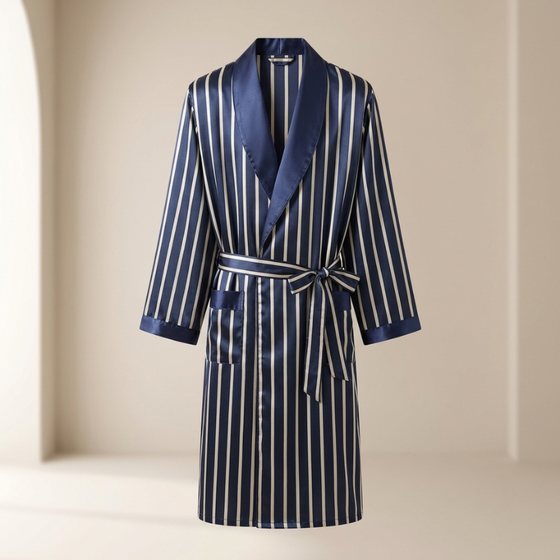 Men's Satin Robe Kimono Style Navy Stripe Lightweight