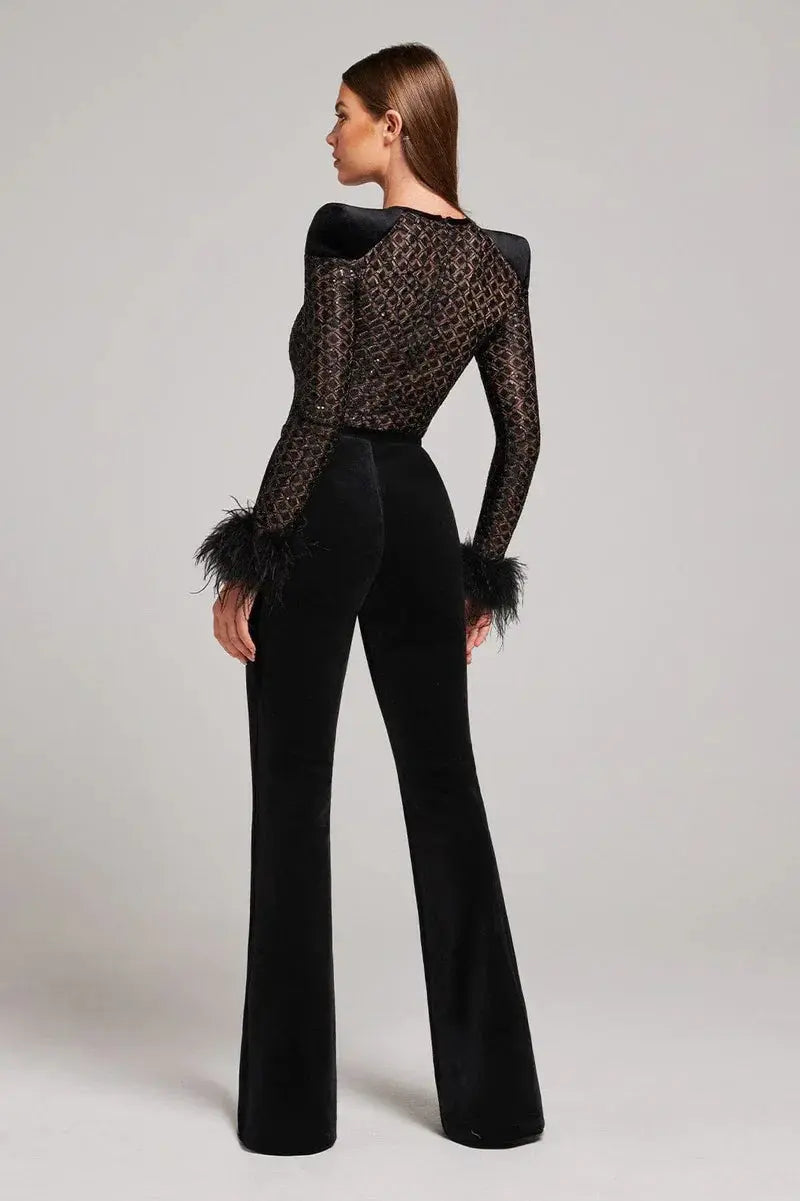Black Velvet Jumpsuit with Sheer Metallic Top & Feathered Cuffs