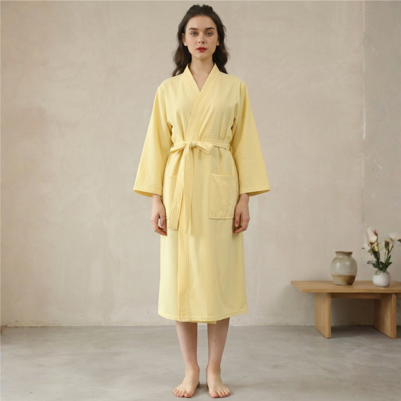Women's Bamboo Waffle Robe Mid Calf Belted Two Pocket