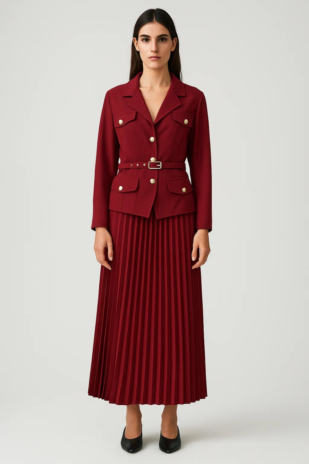 Addison | Women’s Double-Breasted Blazer Pleated Skirt Set