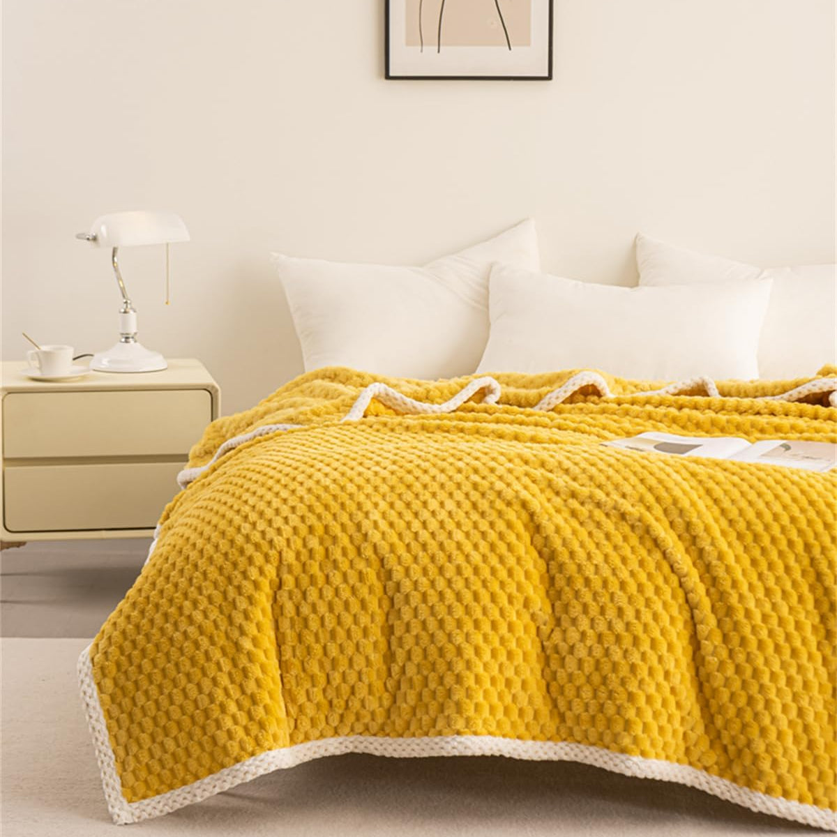 Throw Blanket Polyester Waffle Weave Yellow Multiple Sizes Machine Washable