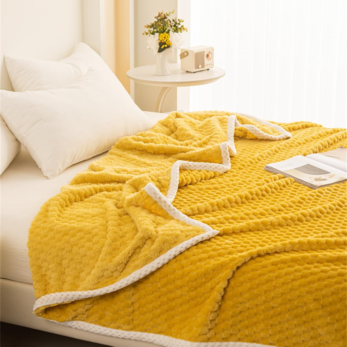 Throw Blanket Polyester Waffle Weave Yellow Multiple Sizes Machine Washable