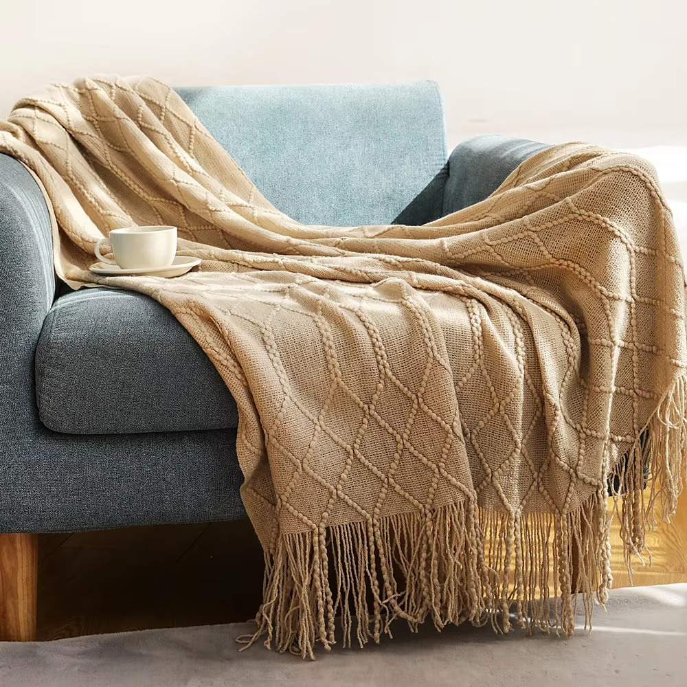 Knit Throw Blanket 100% Acrylic Fiber Soft Textured Sofa or Bed Throw