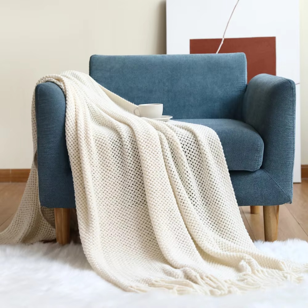 Knit Throw Blanket 100% Acrylic Fiber Soft Textured Sofa or Bed Throw