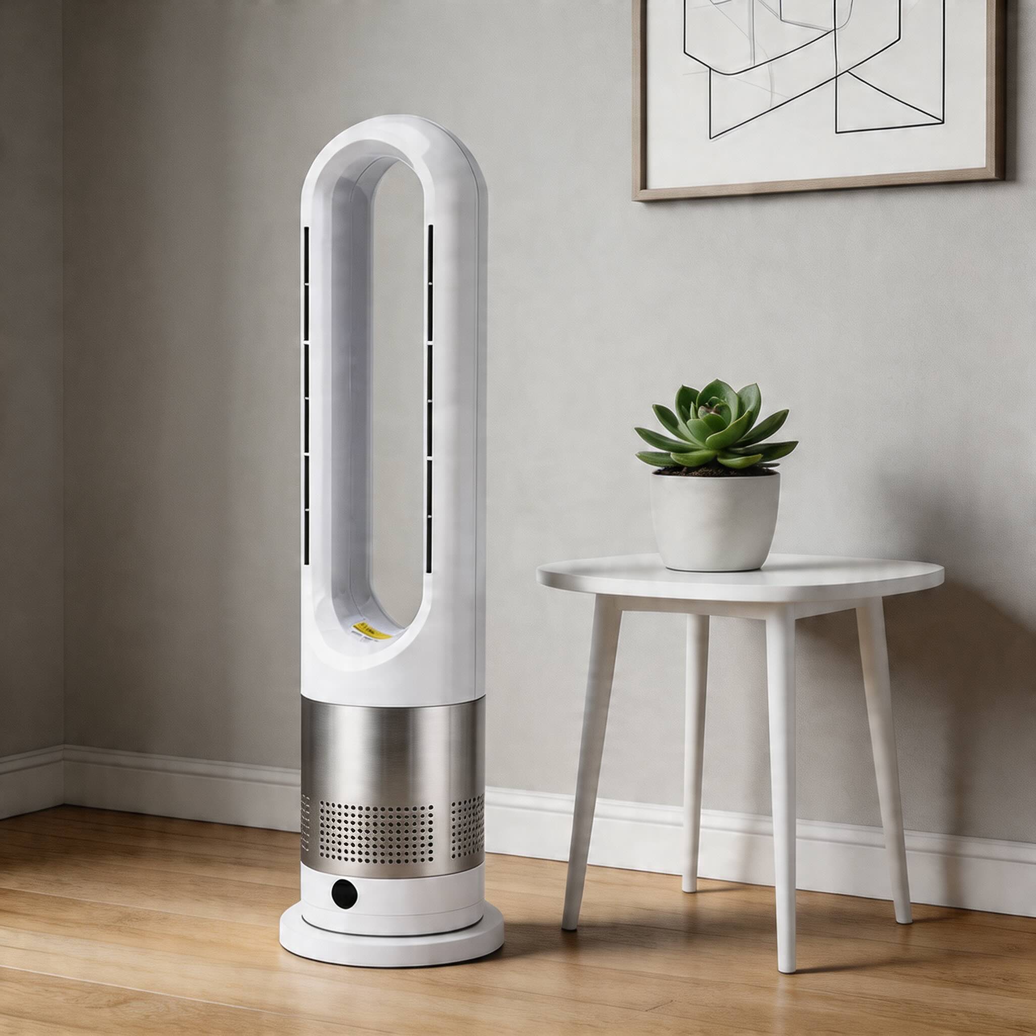 Bladeless Tower Fan Heater with Remote Control Adjustable Speed Stainless Steel for Year-Round Comfort