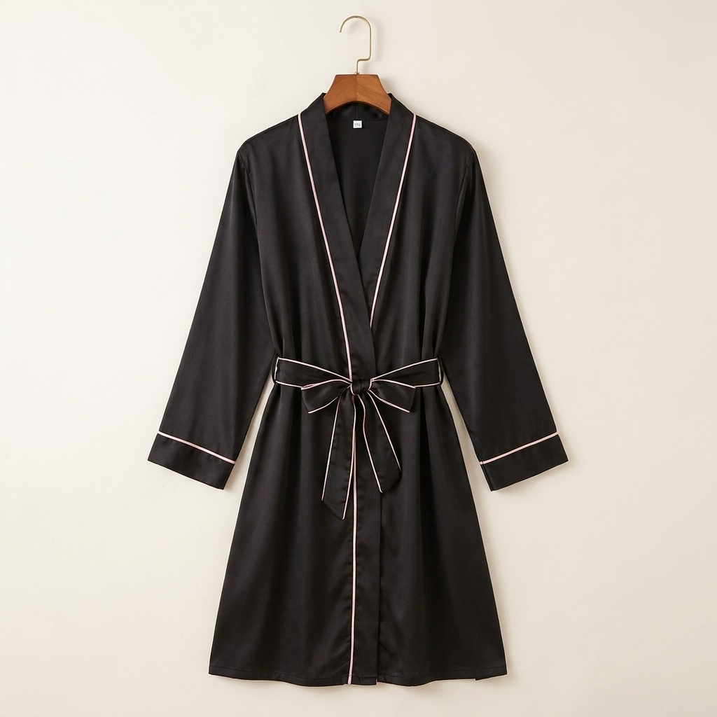 Womens Robe Satin Fabric V Neck Knee Length Black with Pink Trim