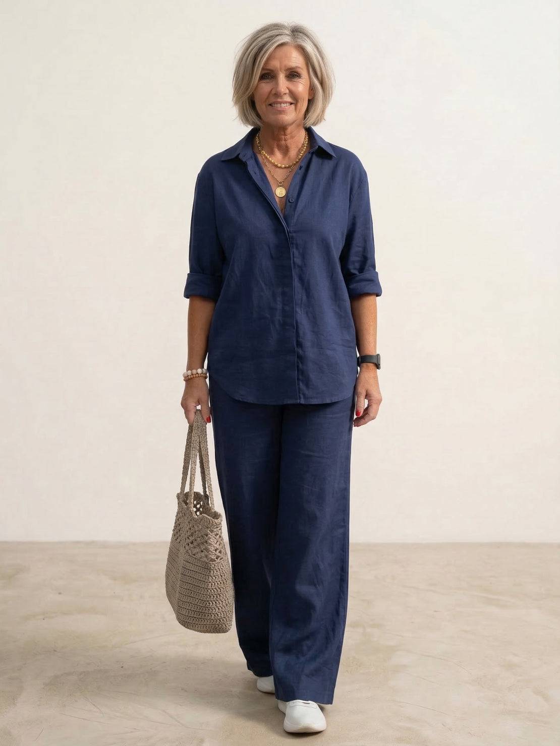 Women's casual linen set with button-down collared shirt and wide-leg pants