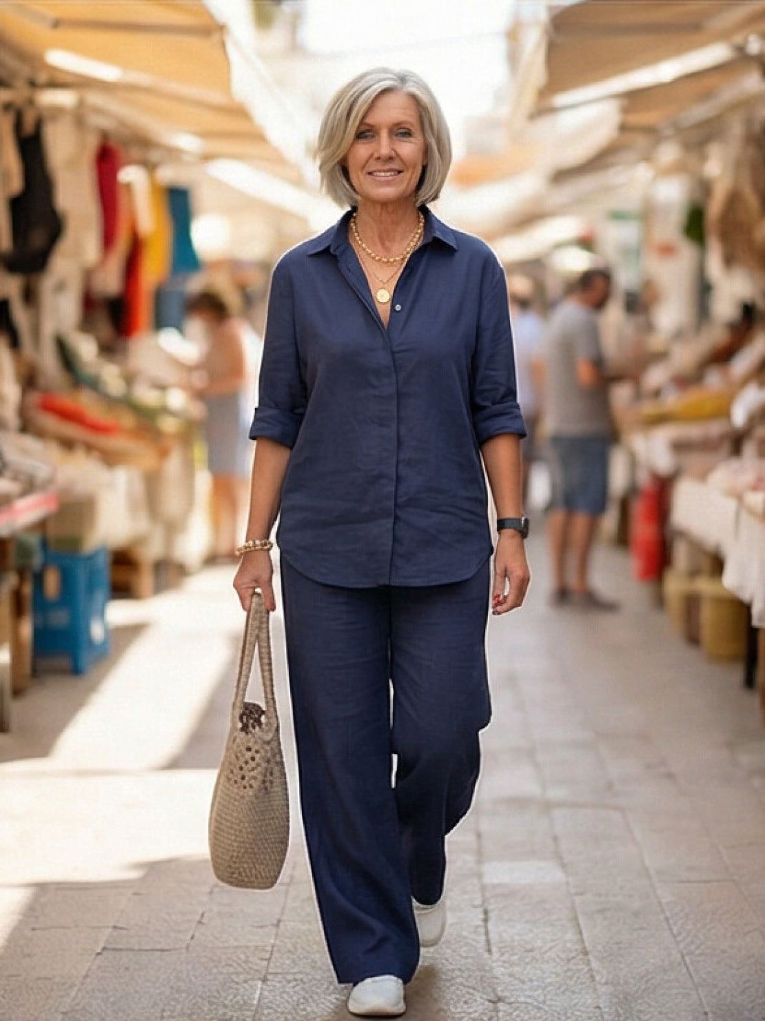 Women's casual linen set with button-down collared shirt and wide-leg pants