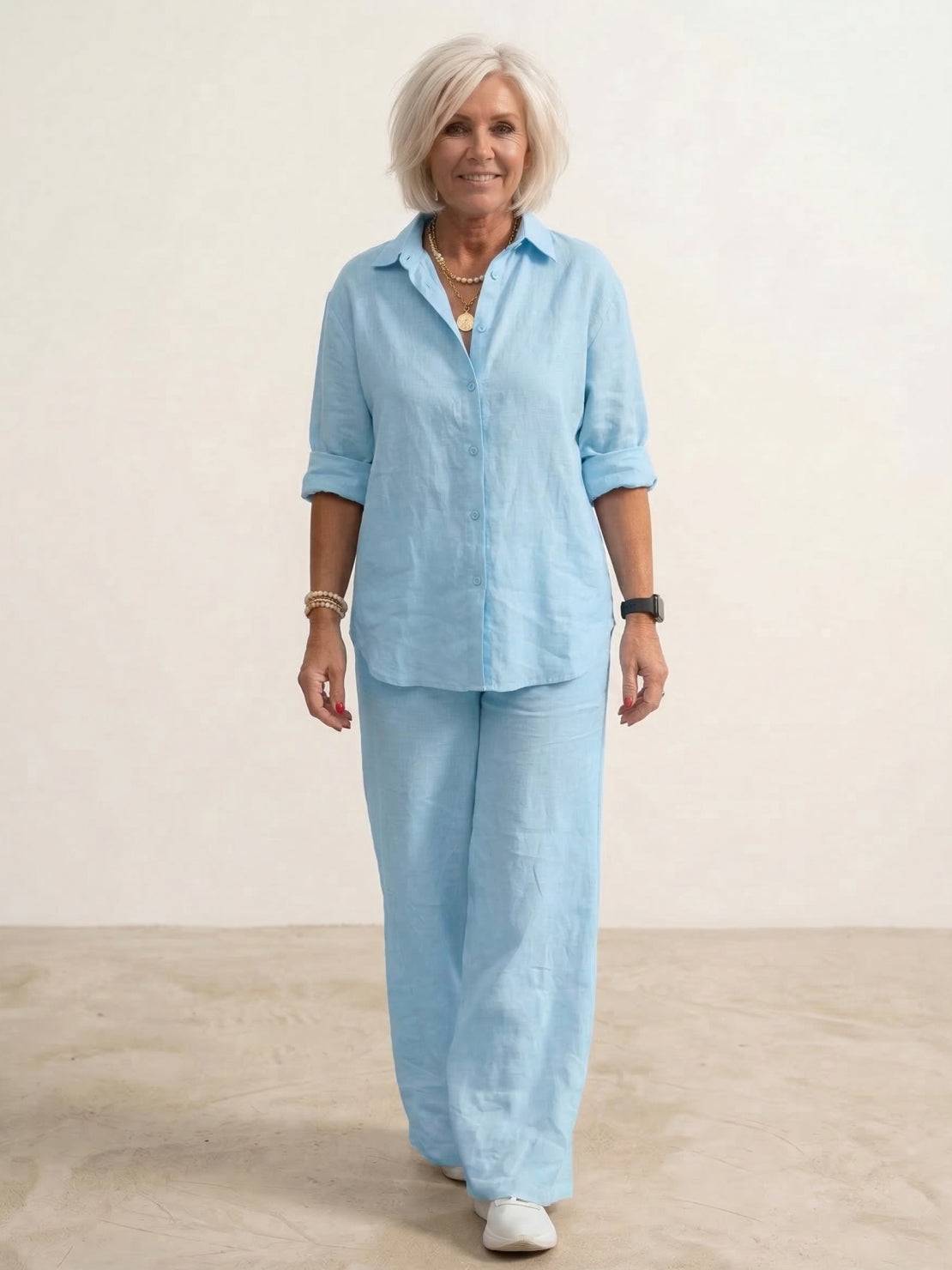 Women's casual linen set with button-down collared shirt and wide-leg pants