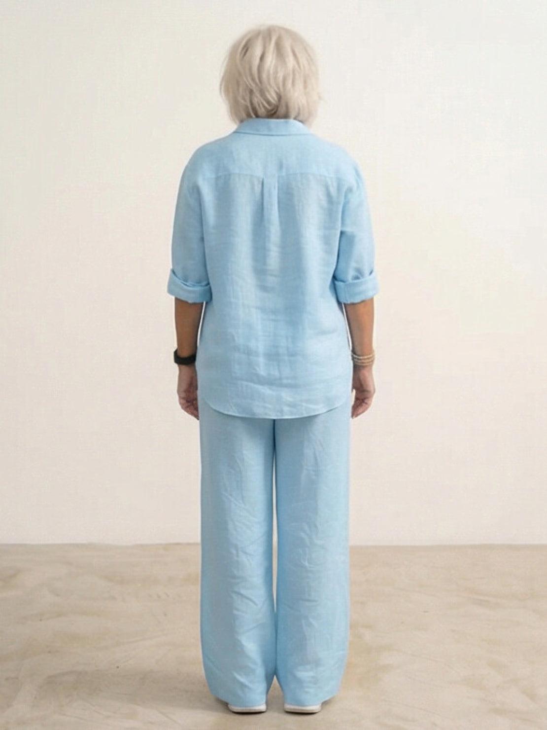 Women's casual linen set with button-down collared shirt and wide-leg pants