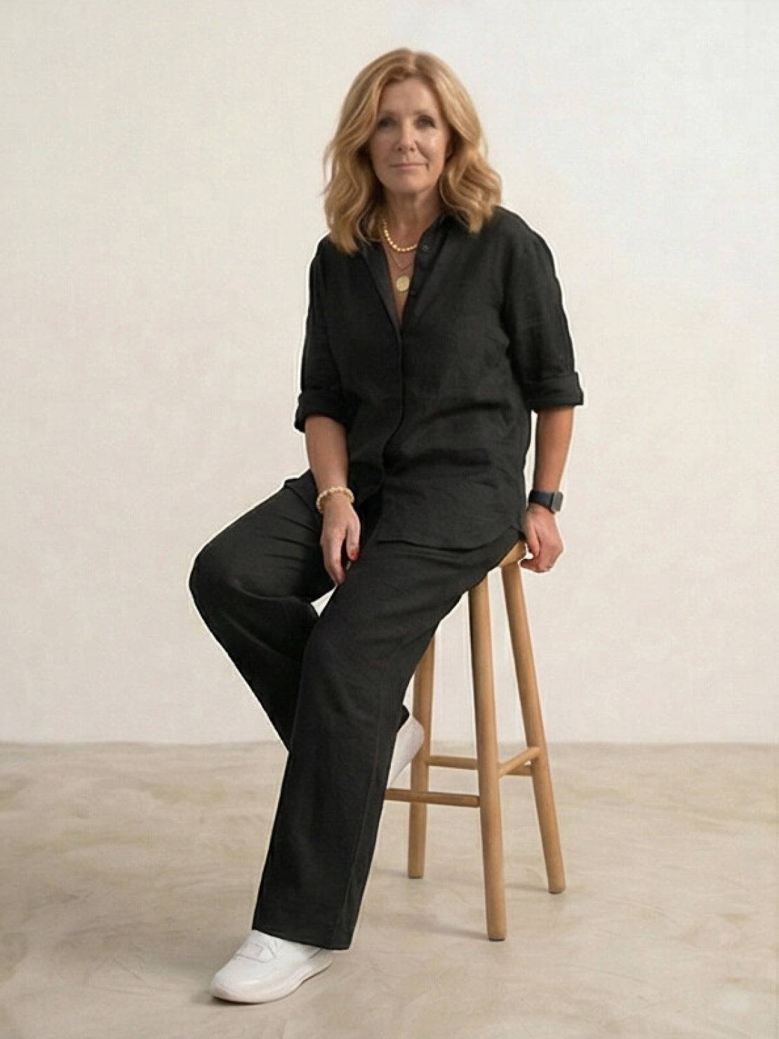 Women's casual linen set with button-down collared shirt and wide-leg pants
