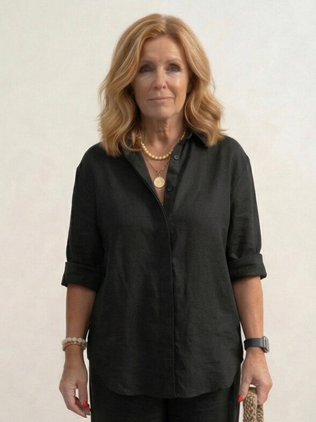 Women's casual linen set with button-down collared shirt and wide-leg pants