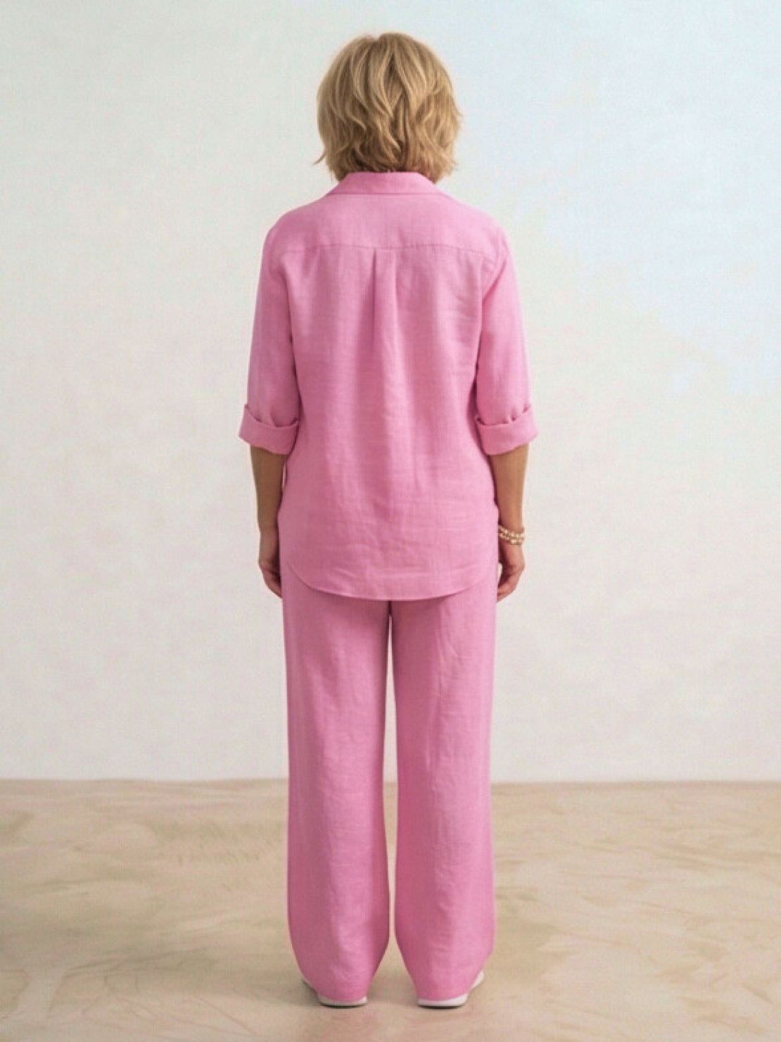 Women's casual linen set with button-down collared shirt and wide-leg pants