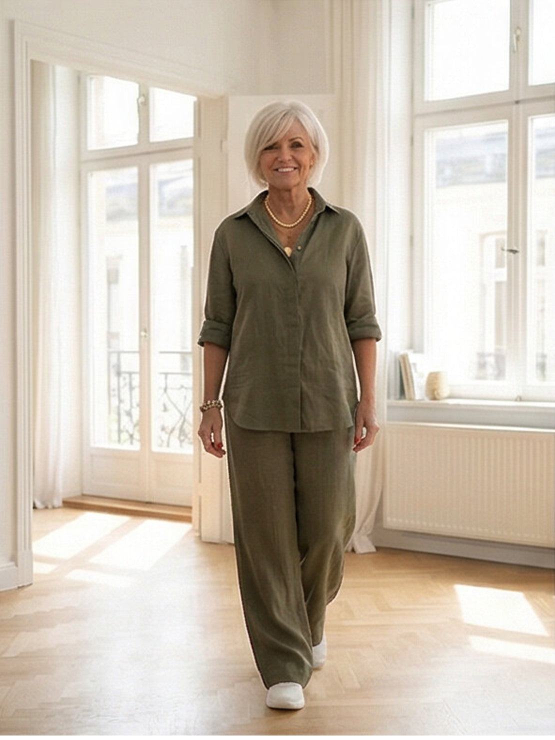 Women's casual linen set with button-down collared shirt and wide-leg pants