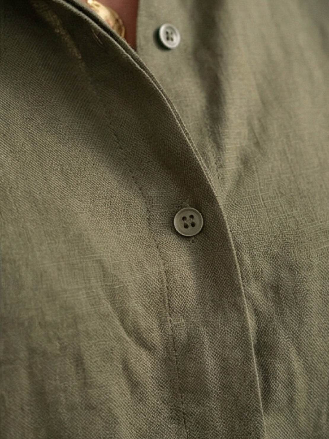 Women's casual linen set with button-down collared shirt and wide-leg pants
