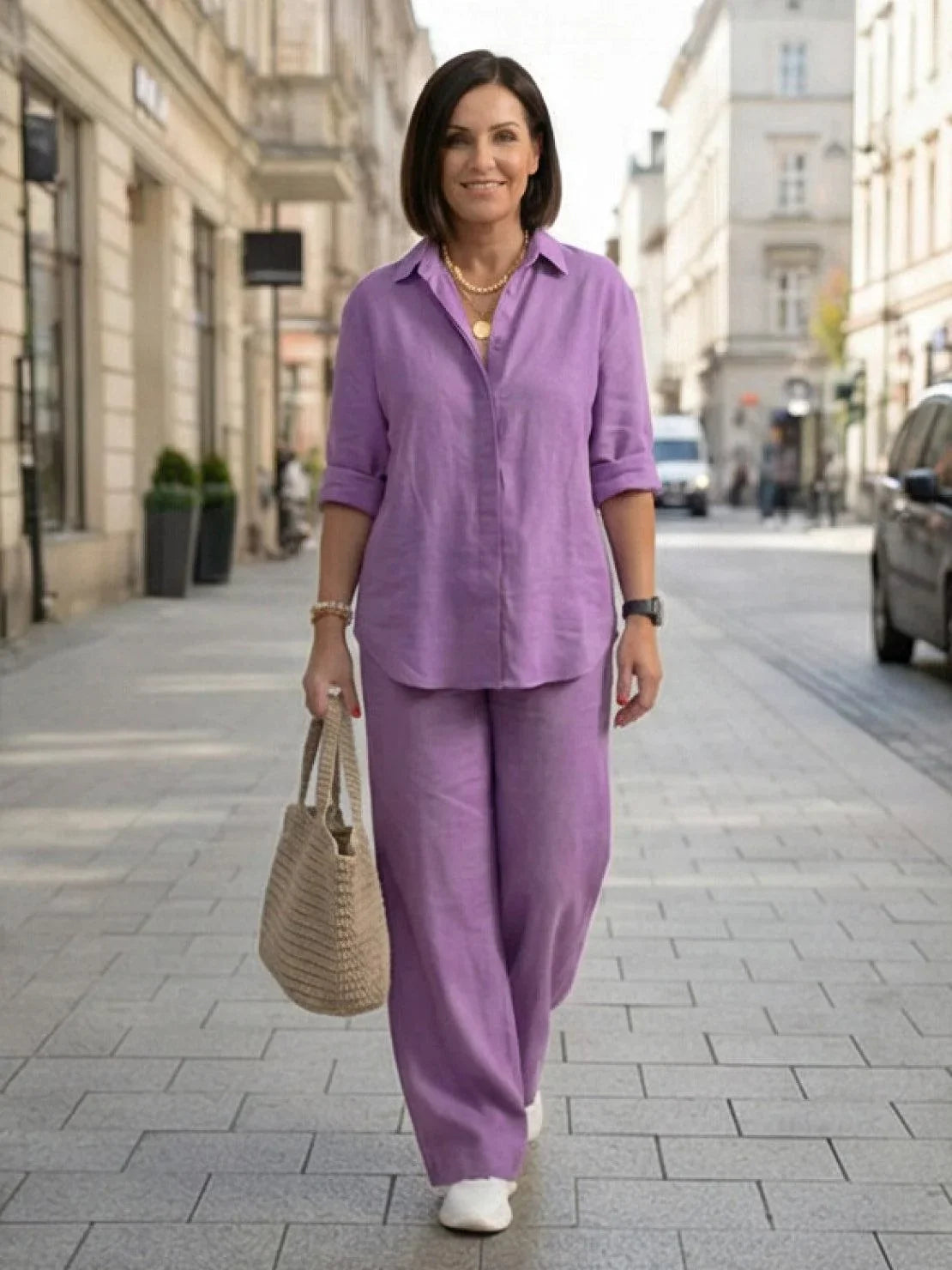 Women's casual linen set with button-down collared shirt and wide-leg pants