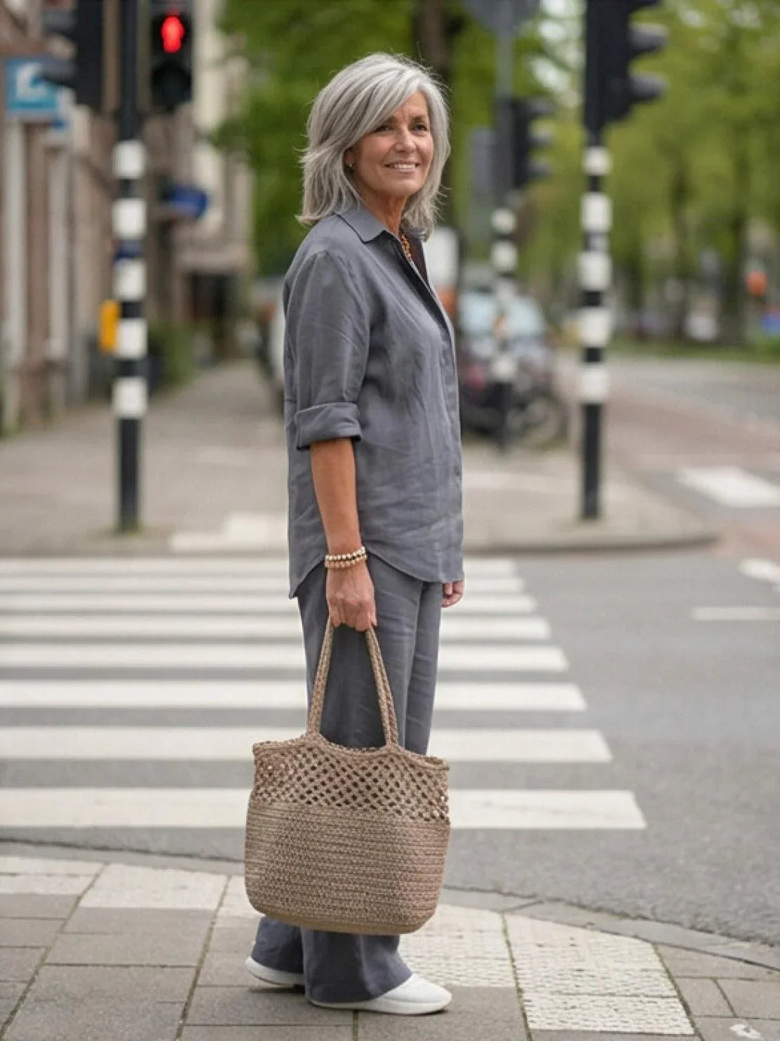 Women's casual linen set with button-down collared shirt and wide-leg pants