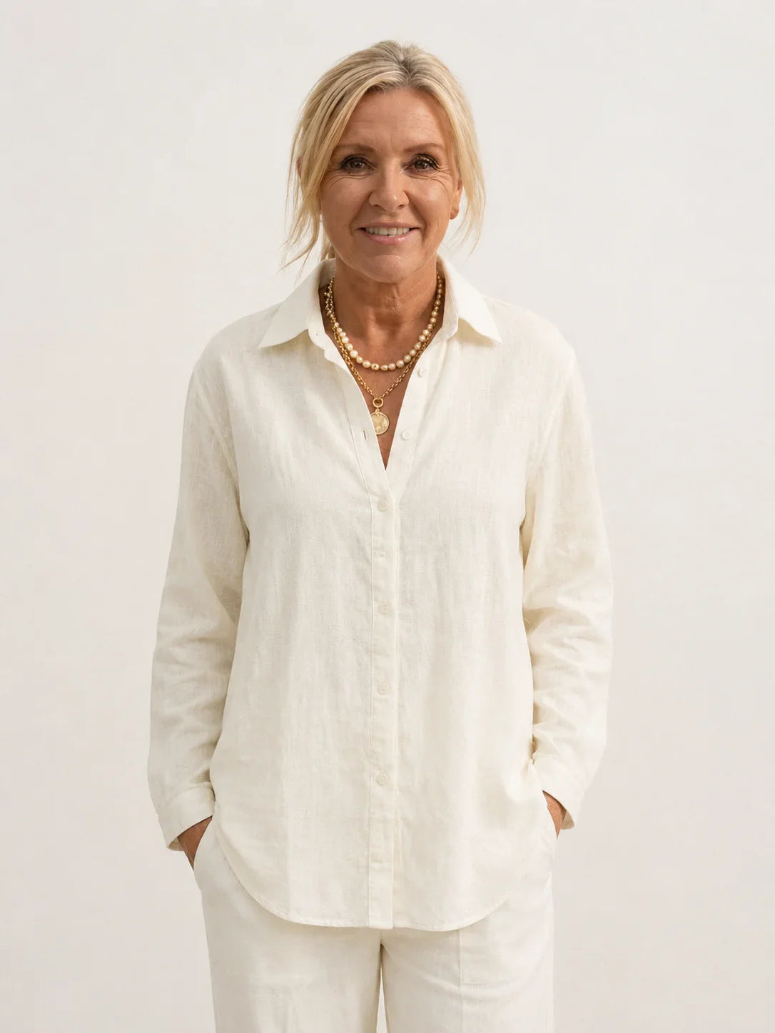 Women's casual linen set with button-down collared shirt and wide-leg pants