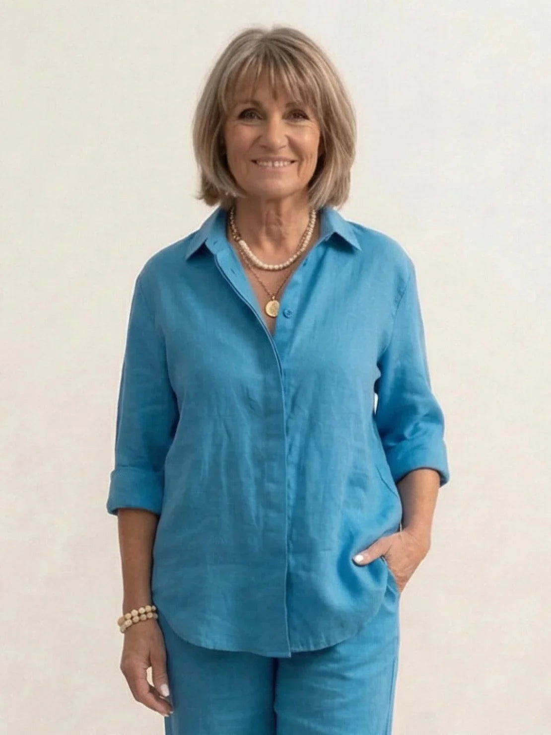 Women's casual linen set with button-down collared shirt and wide-leg pants