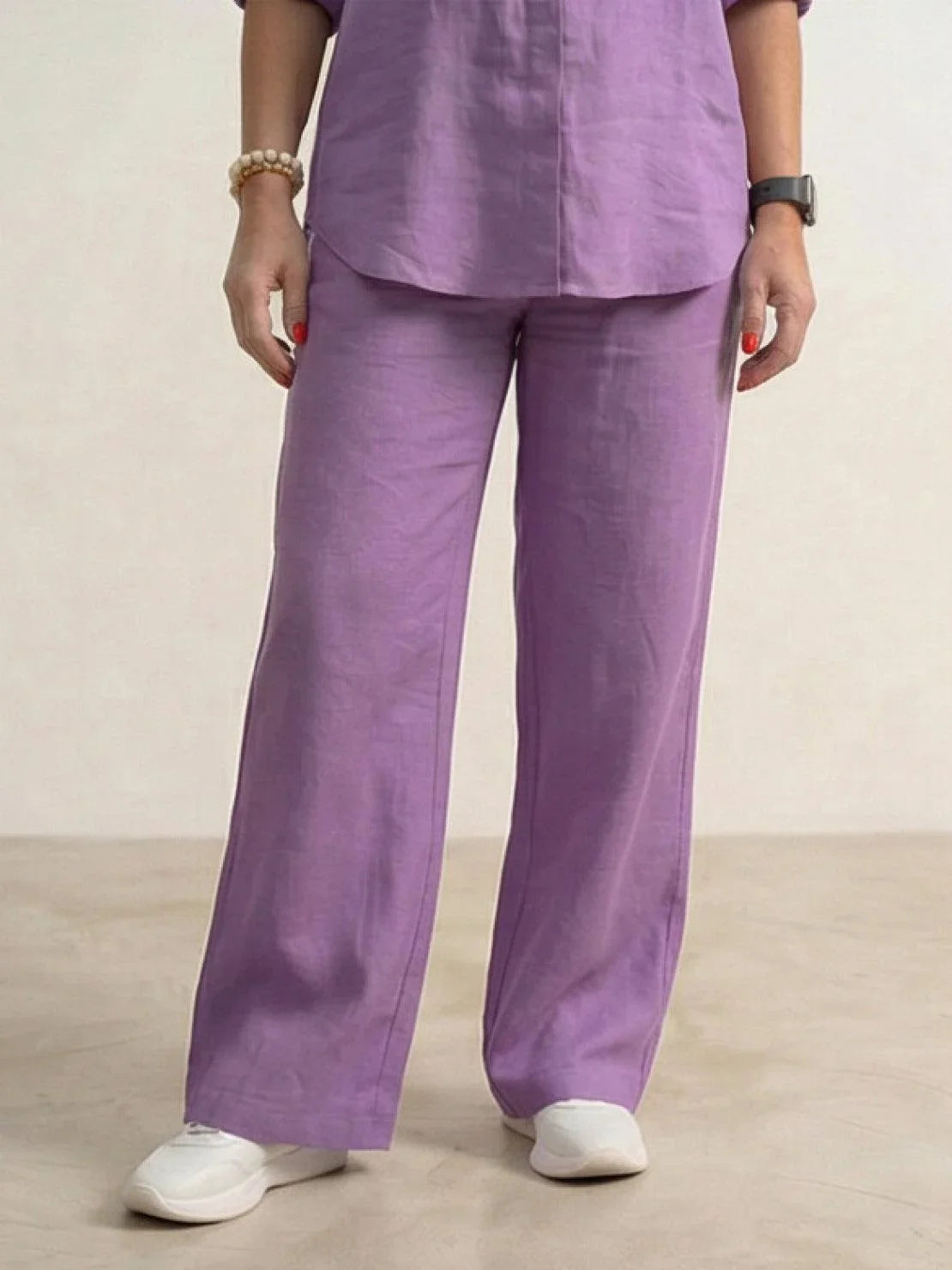 Women's casual linen set with button-down collared shirt and wide-leg pants
