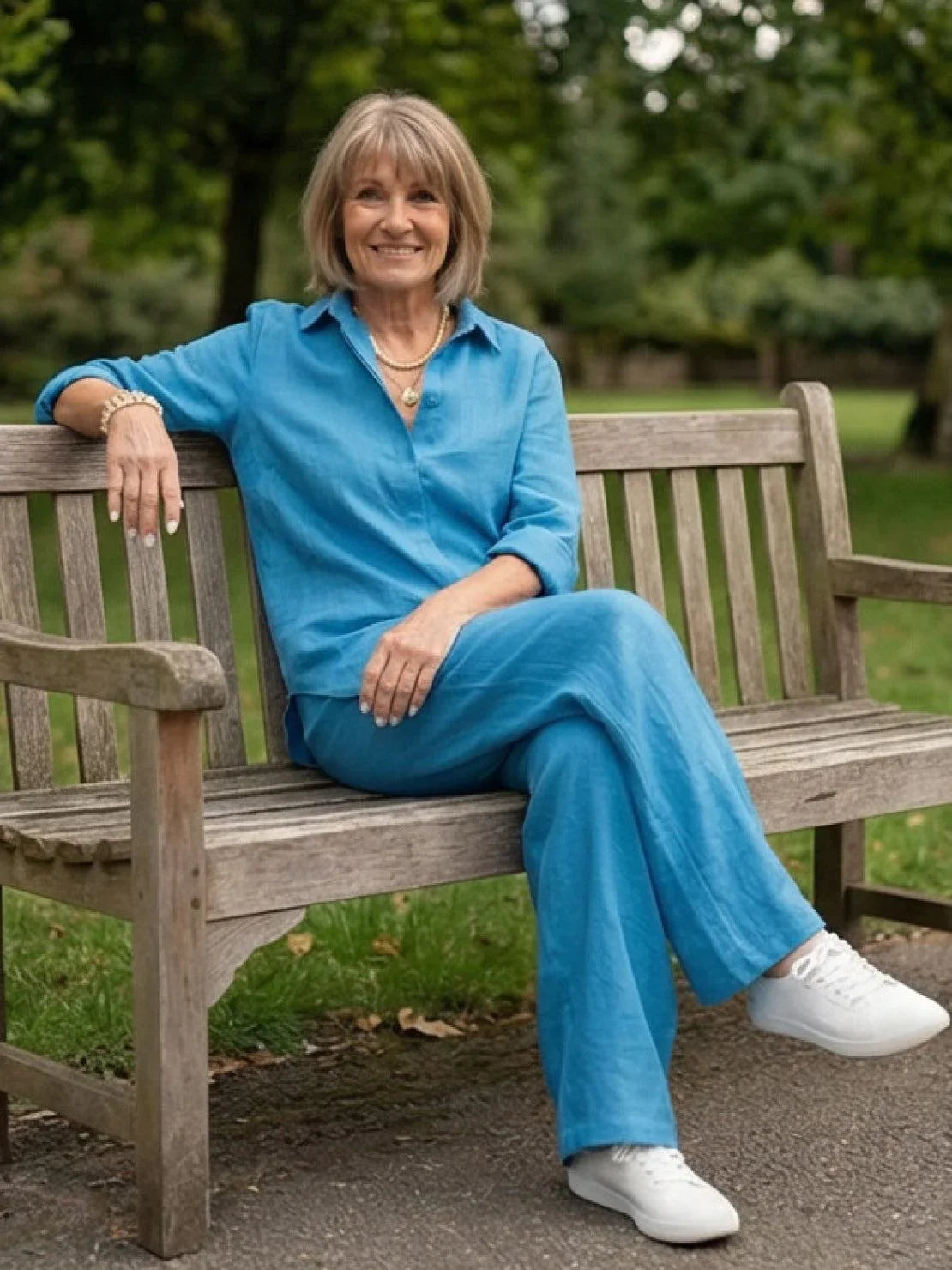 Women's casual linen set with button-down collared shirt and wide-leg pants