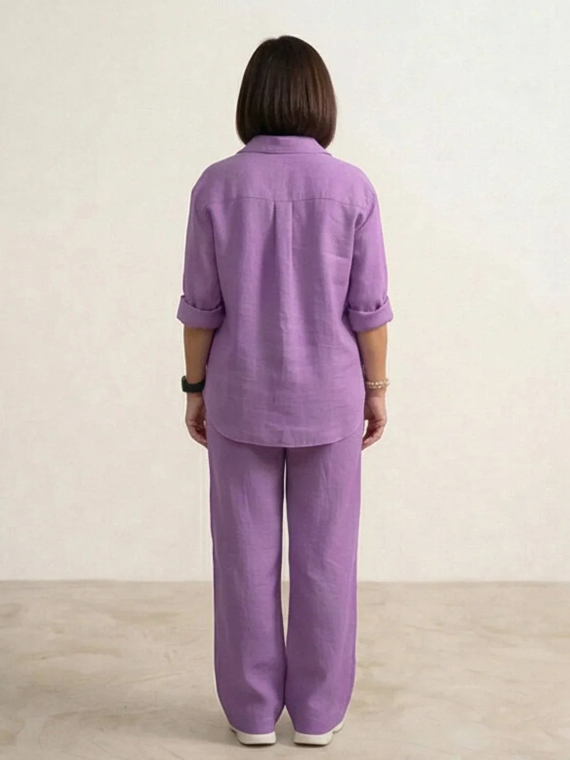 Women's casual linen set with button-down collared shirt and wide-leg pants