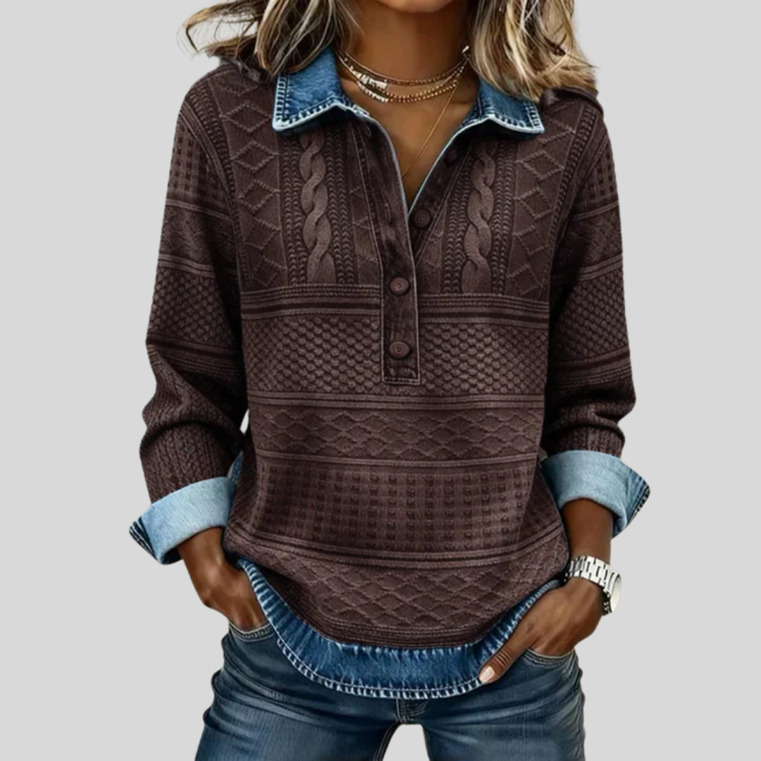 Velmora™ - Textured Knit Button-Collar Top