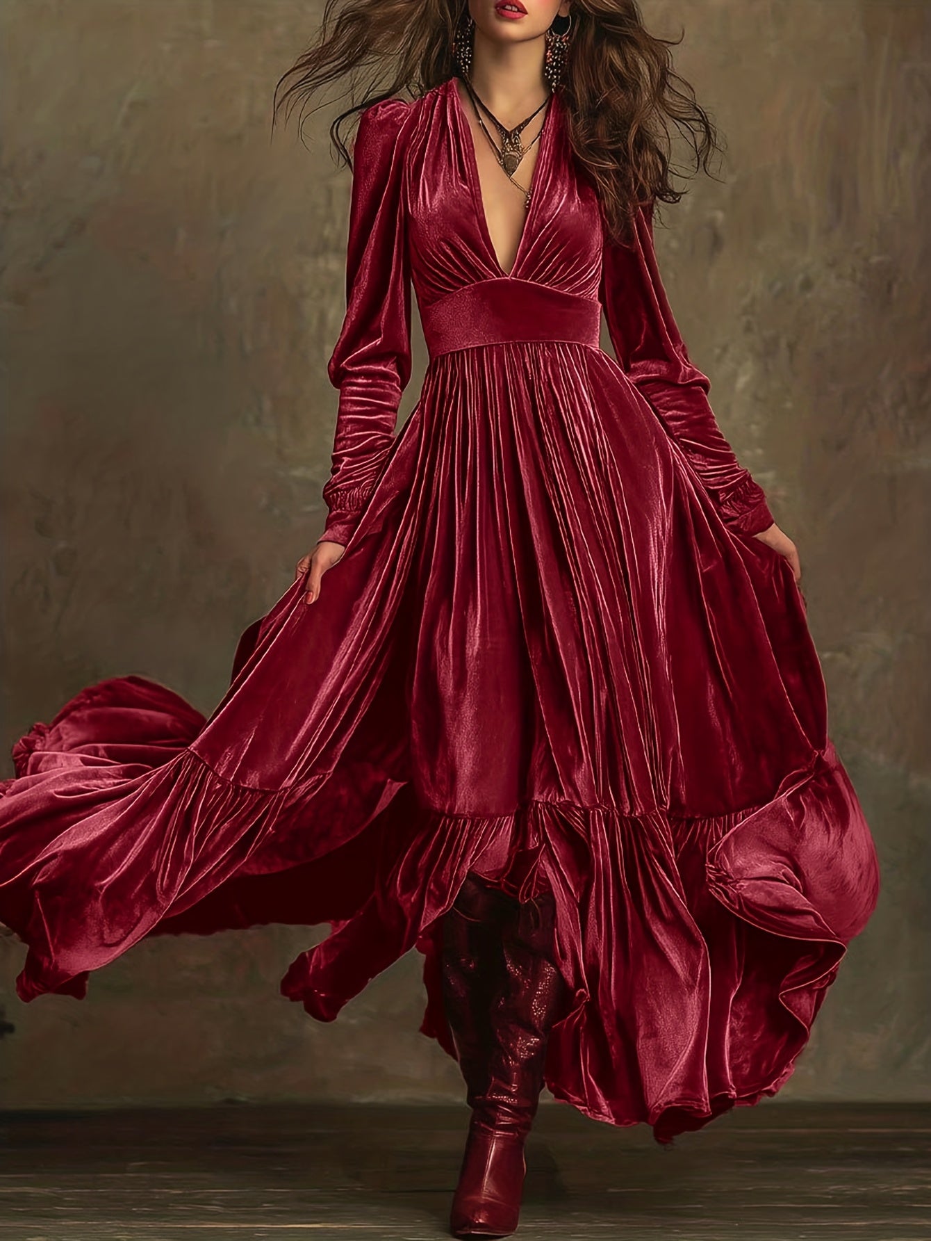 SERAFINA | RETRO OVERSIZED SKIRT LONG DRESS WITH DEEP V-NECK