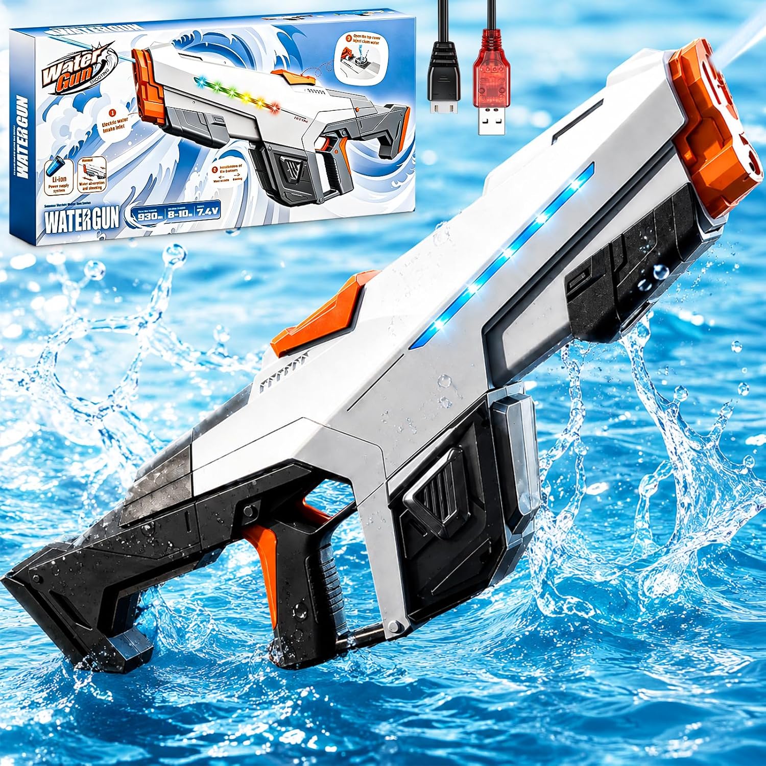 Electric Water Gun 610ml with Light USB Rechargeable 8-10m Range