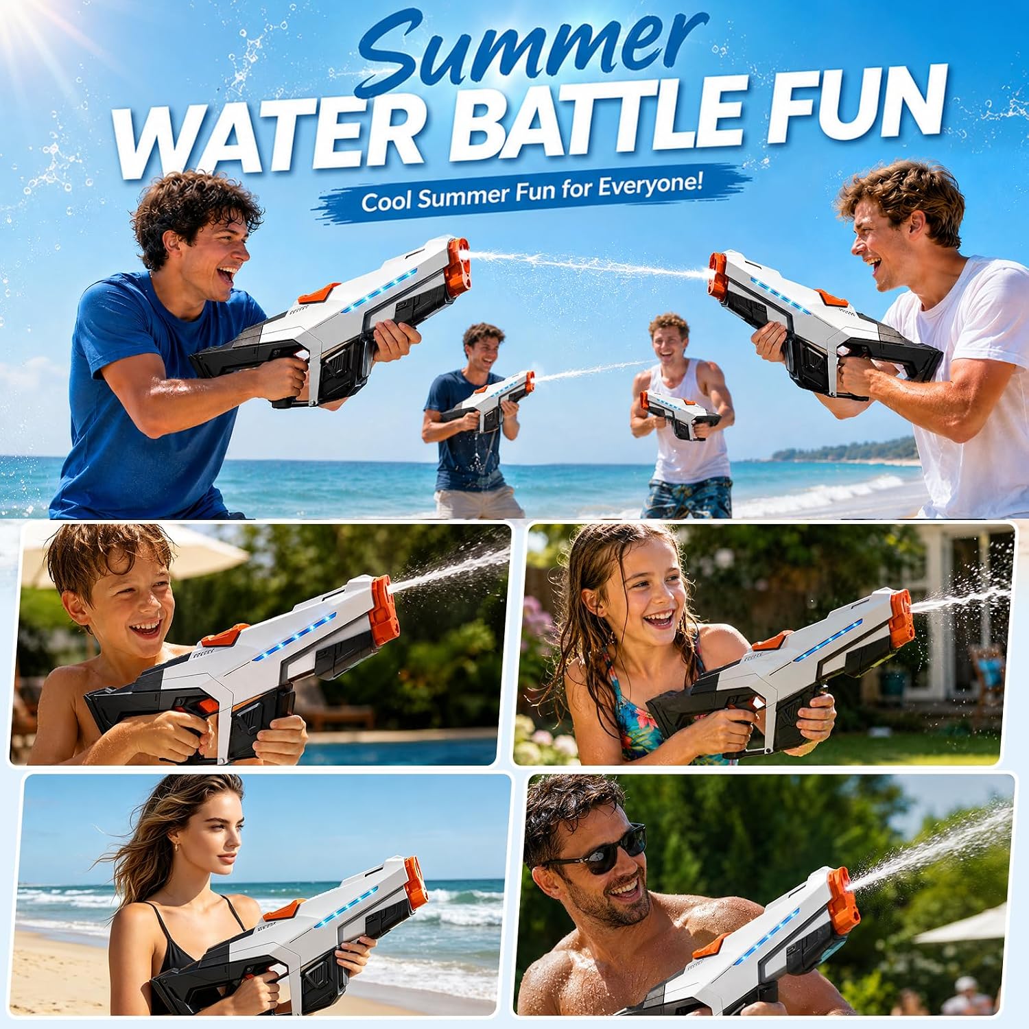 Electric Water Gun 610ml with Light USB Rechargeable 8-10m Range