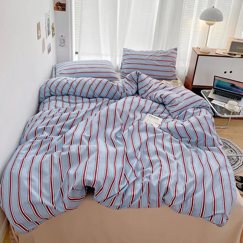 Bedding Set Polyester Striped Duvet Cover Bed Sheet Pillowcases