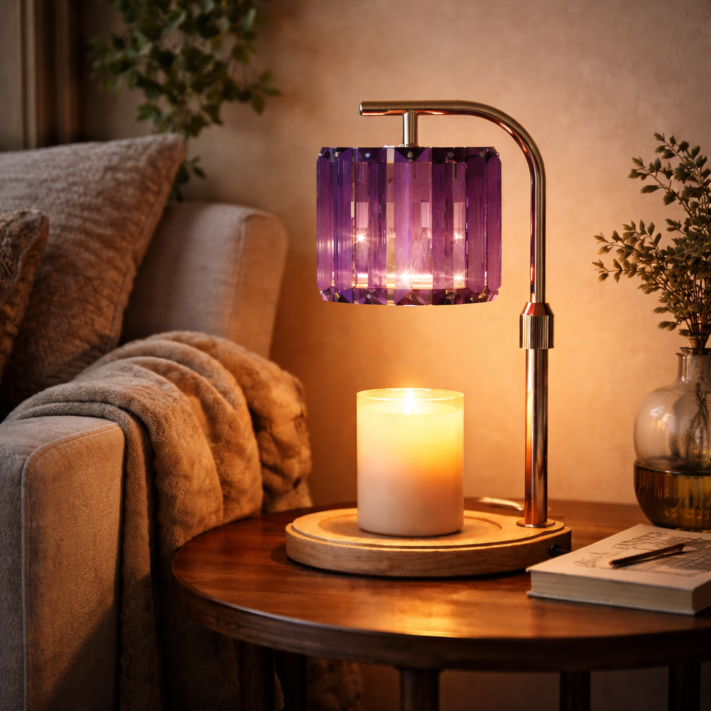 Plug-In Candle Warmer Lamp, Wood and Crystal Construction, Purple, Multi-Level Dimming