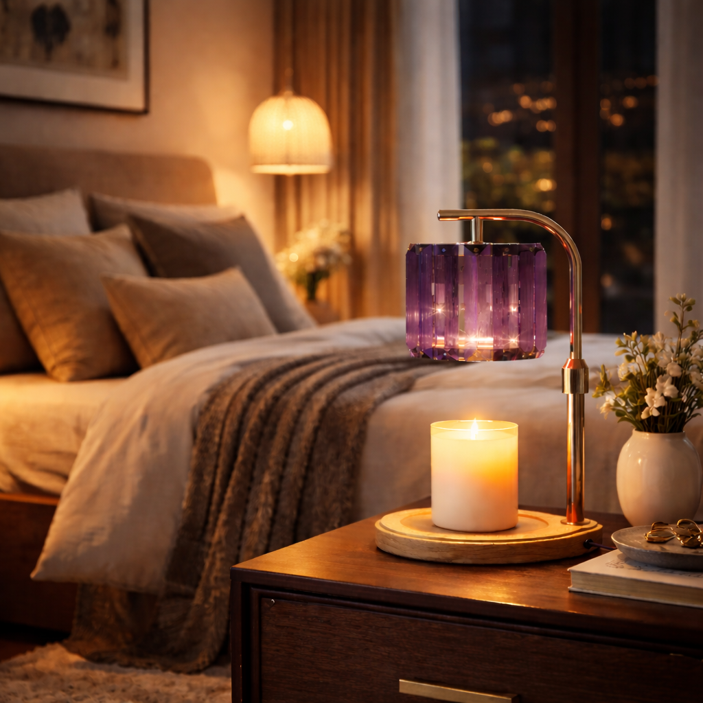 Plug-In Candle Warmer Lamp, Wood and Crystal Construction, Purple, Multi-Level Dimming