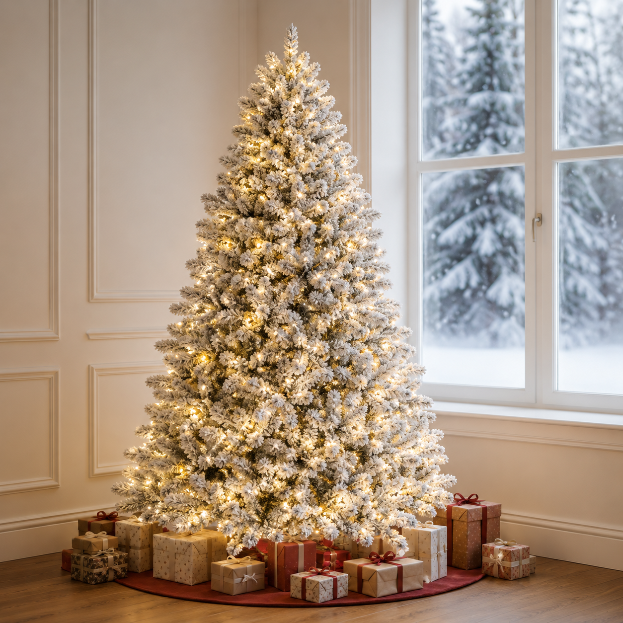 7ft Snow-Flocked Pre-Lit Artificial Christmas Tree – LED Lights & 1100 Mixed PE/PVC Tips