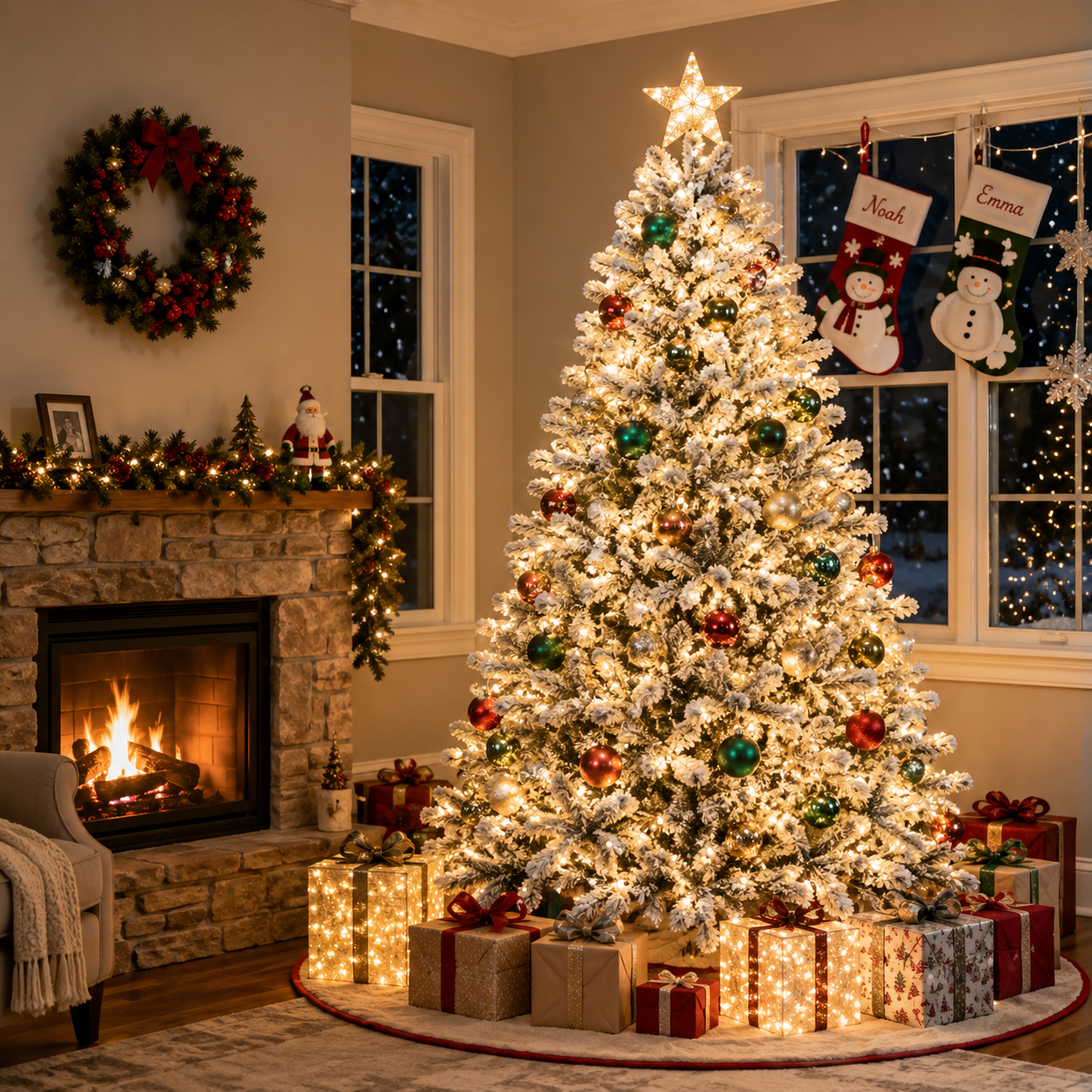 7ft Snow-Flocked Pre-Lit Artificial Christmas Tree – LED Lights & 1100 Mixed PE/PVC Tips